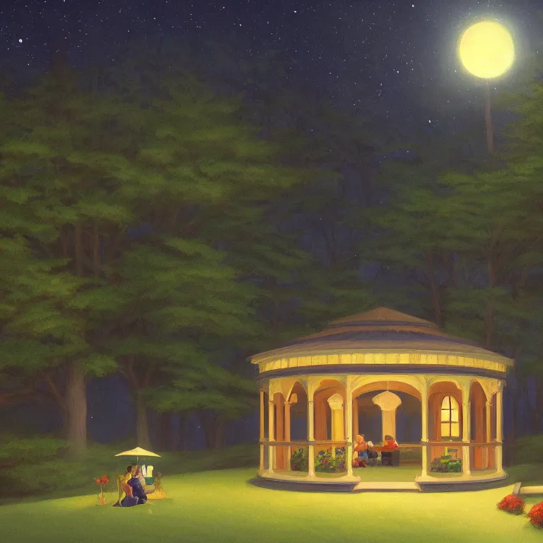 Image similar to a storybook illustration of a beautiful cozy moonlit gazebo, fireflies, quiet night foggy scene painted by Edward Hopper masterpiece, intricate, elegant, fantasy, highly detailed, digital painting, concept art, sharp focus, artstation