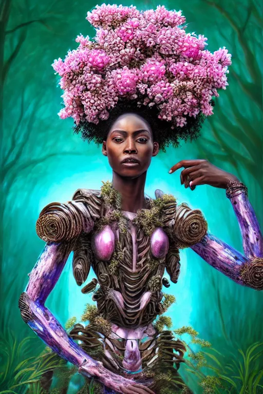 Prompt: hyperrealistic post - renaissance cinematic super expressive! yoruba goddess with exoskeleton armor, merging with tree in a forest, pink flowers, highly detailed digital art masterpiece, smooth cam de leon eric zener dramatic pearlescent soft teal light, ground angle hd 8 k, sharp focus
