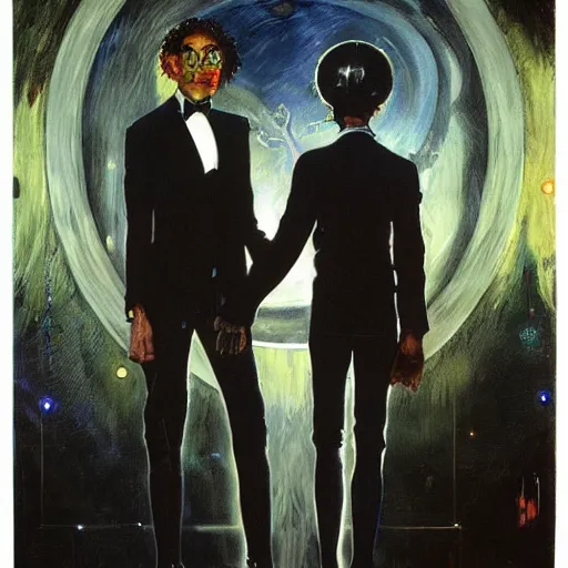 Image similar to two lovers wearing a suit made of nervous system, channeling third eye energy, surrounded by a background of dark cyber mystic void, midnight hour, painted part by wojciech siudmak, part by ilya repin, part by norman rockwell, part by hype williams, artstation