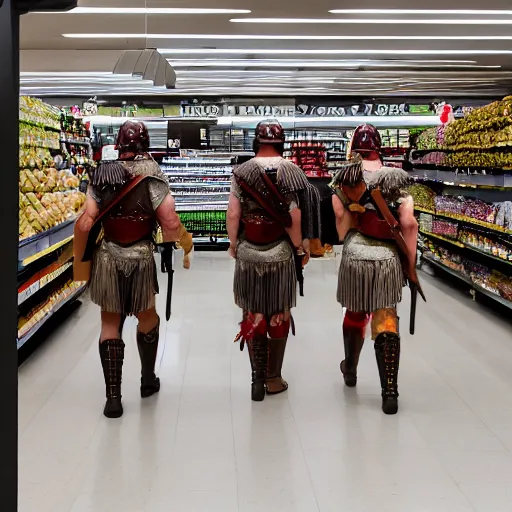 Prompt: professional photograph of a group of ancient Roman soldiers walking around inside of a contemporary grocery store, 8k, dslr, cinematic,