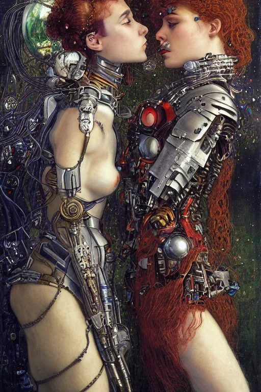 Image similar to portrait of two beautiful young gothic cyborg maidens kissing, cyberpunk, Warhammer, highly detailed, artstation, illustration, art by Gustav Klimt