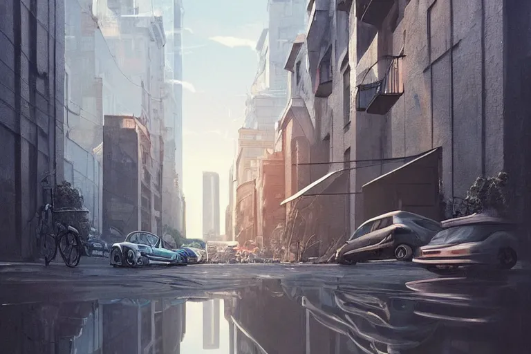 Image similar to urban street bended and transformed like in inception, highly detailed, photorealistic, reflections, smooth, sharp focus, concept art, illustration, beautiful, geometric, trending on artstation, cinematic, featured on behance , artwork by WLOP and Tran, Ross