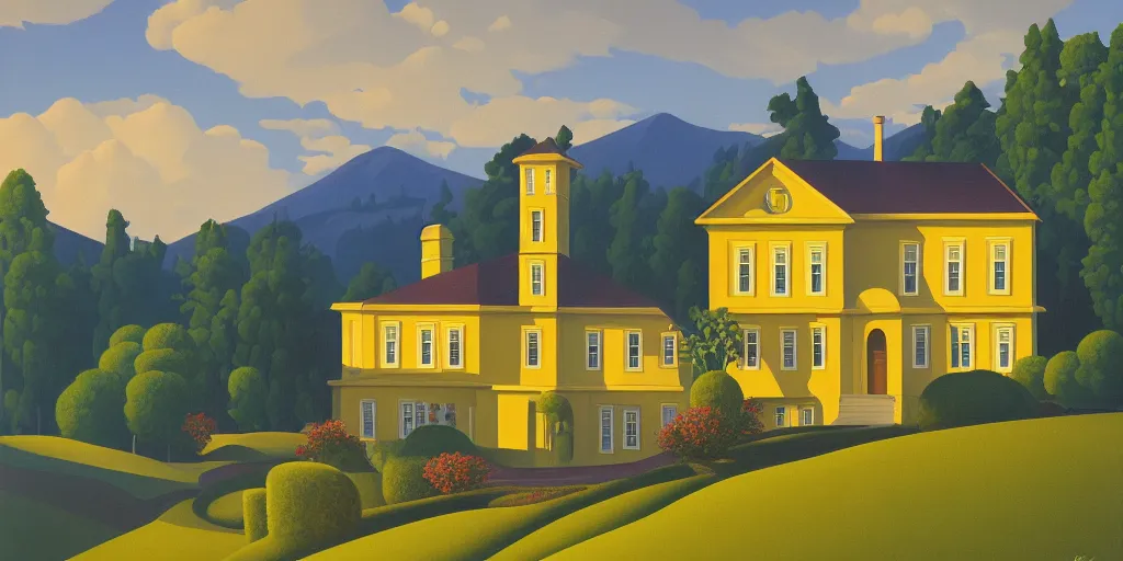 Prompt: a yellow manor on a hill, evening, summer, painting by Kenton Nelson