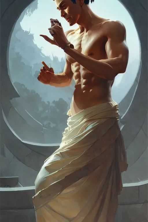 Image similar to male, temple, taoism, painting by greg rutkowski, j. c. leyendecker, artgerm