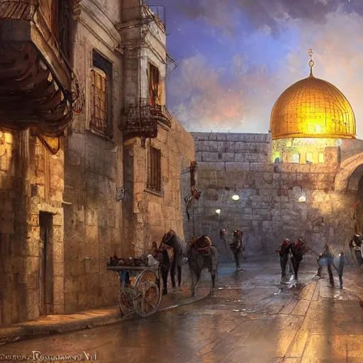 Image similar to the old city of jerusalem by raymond swanland, highly detailed, bright tones