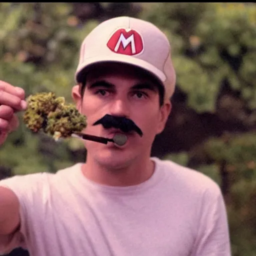 Prompt: Mario smoking weed in an A24 film aesthetic