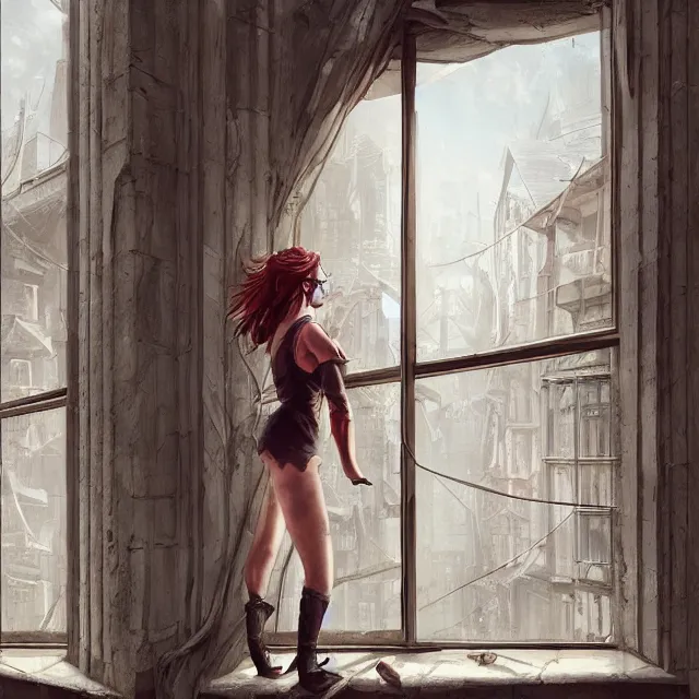 Image similar to window, eye, women, buildings, surprise, scared, couch by wlop, artgerm, greg rutkowski