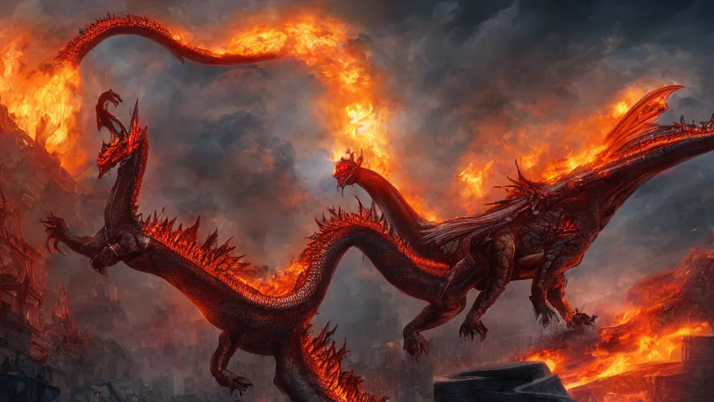 Prompt: a huge fire breathing dragon attacks a fantasy city, 4k digital art, highly detailed
