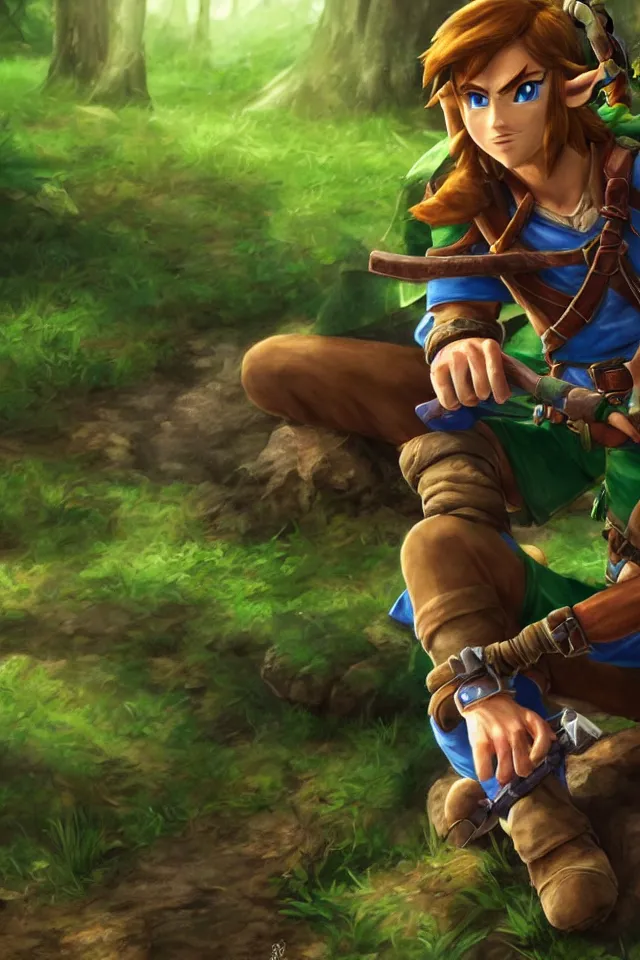 Prompt: close - up portrait of link sitting in woods of hyrule playing ocarina, ultra detailed, hdr, photorealism, cinematic scene, beautiful light