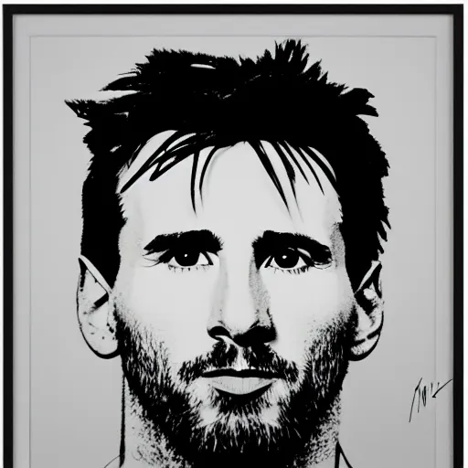 Image similar to a portrait of Lionel Messi, made by Andy Warhol, two tone, very high contrast, only black and white, simplistic, extremely high contrast, two tone, notan art, by Andy Warhol, minimalistic,