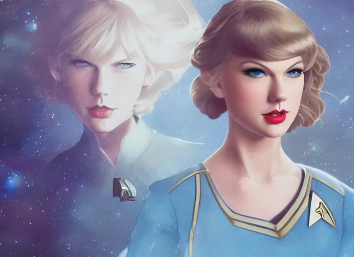 Image similar to a disney film still of taylor swift as a star trek officer, finely detailed features, closeup of the face, perfect art, dusk, blue hour, gapmoe yandere grimdark, trending on pixiv fanbox, painted by greg rutkowski, makoto shinkai, takashi takeuchi, alphonse mucha, akihiko yoshida