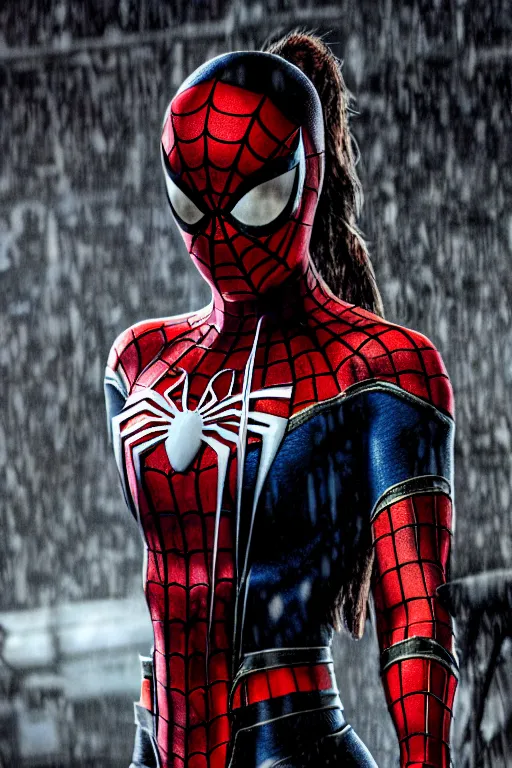 Prompt: cinematic of lara croft as spiderman with thorn mask, dramatic rain, 8 k, moody lighting