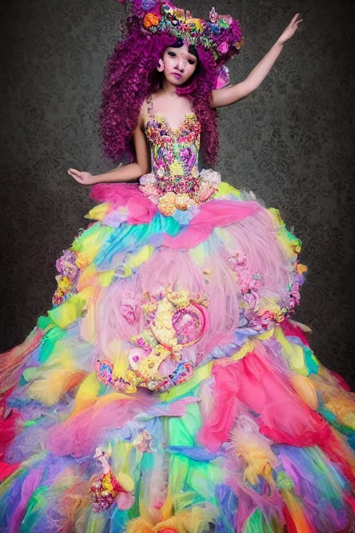 Image similar to A full body shot of a cute and mischievous young monster princess wearing an ornate gown. Covered in barnacles and tentacles. Dynamic Pose. Quinceanera dress. Rainbow palette. rainbowcore. Dramatic Lighting. Eldritch. defined facial features, symmetrical facial features. Opalescent surface. Emerging from the darkness. Elegant. By Ruan Jia and Artgerm and Range Murata and WLOP and Ross Tran and William-Adolphe Bouguereau. Key Art. realistic, Hyperdetailed. Fantasy Illustration. Masterpiece. artstation, award winning, sharp, details, HD, HDR, 4K, 8K.