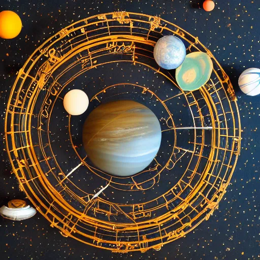 Prompt: a kinetic sculpture of this solar system, sun, orrery, canon 5 d 5 0 mm lens, papier - mache, studio, circa 2 0 4 9