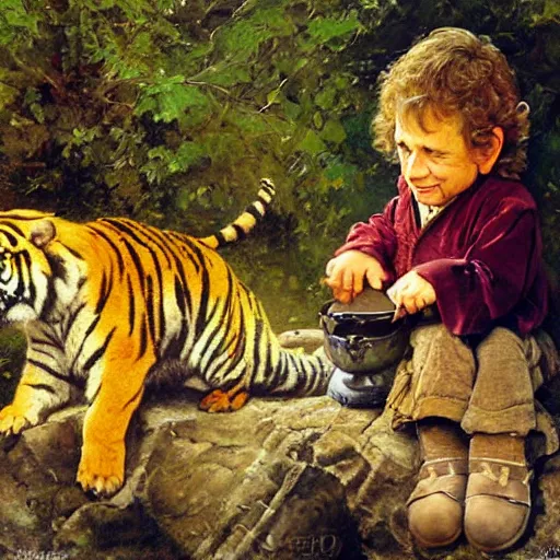 Image similar to bilbo baggins snuggles a tiger, realistic oil painting, style of norman rockwell, 8 k, super sharp, ultra detail, rule of thirds.