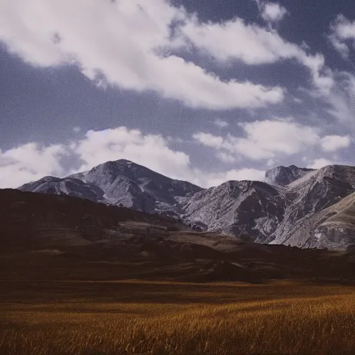 Prompt: cinematic film still of fields and a mountain range