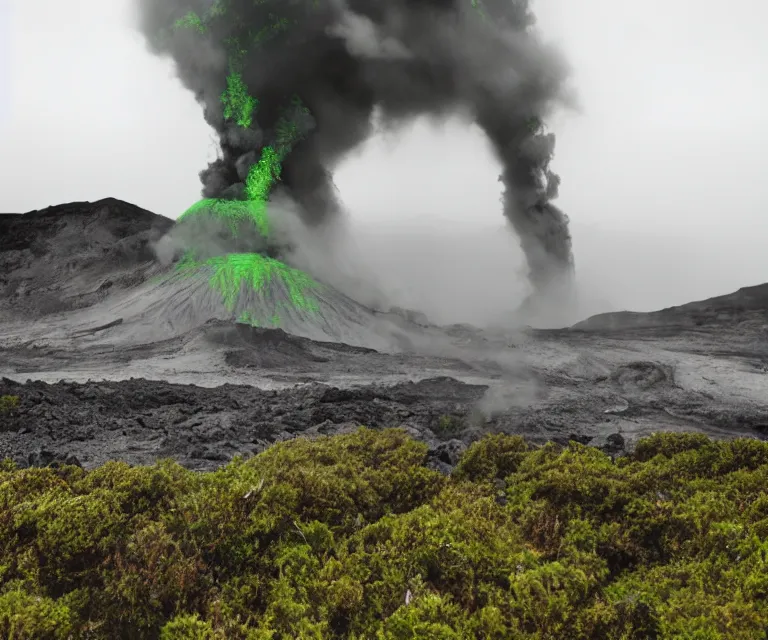 Prompt: a metallic volcano, post - apocalyptic world, green lava, steam, fog, grey skies