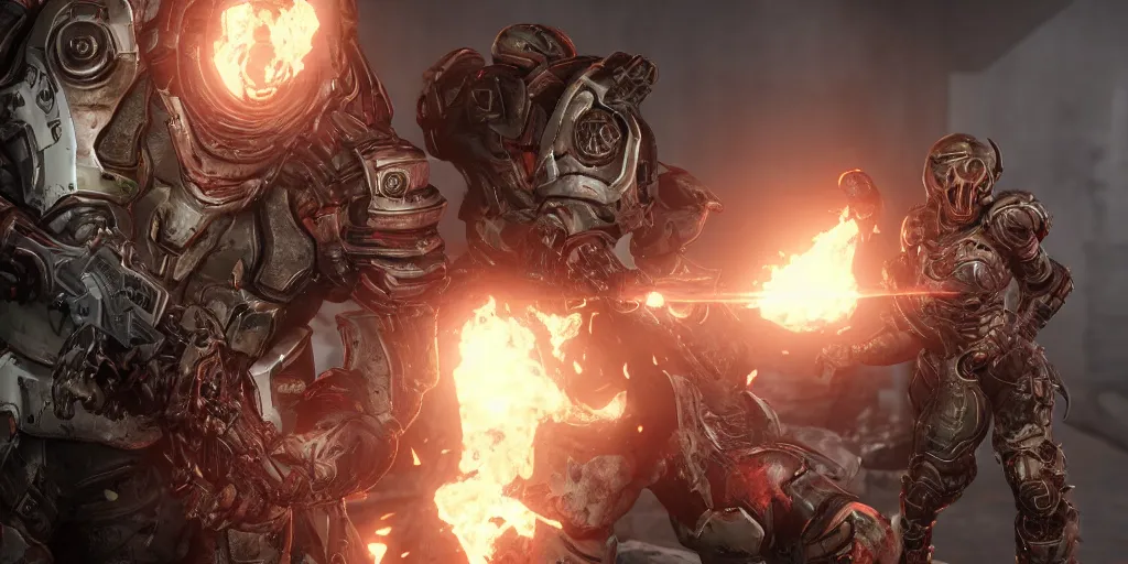 Image similar to female doom slayer extreme details epic dramatic realistic unreal engine render