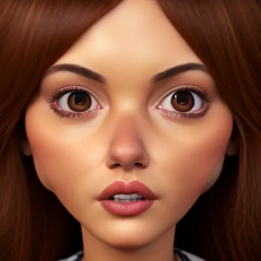 Prompt: A portrait of a plump woman, a cute 3d cgi toon woman with brown hair in a Bob, brown eyes, full face, olive skin, romanian heritage, medium shot, mid-shot, hyperdetailed, 8k, trending on artstation, as a Pixar character