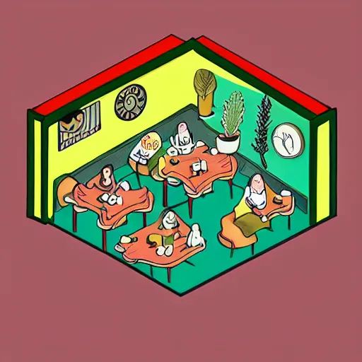 Image similar to isometric cute cartoon illustration style cafe australian, decorated with only cute detailed cannabis leaves in two ceramic pots, tables, utopian simple frontage, 2 cute characters, cute poster, beautiful composition pastel palette by will barnet, digital art, hyperrealistic soft, inked digital, render fun cartoon