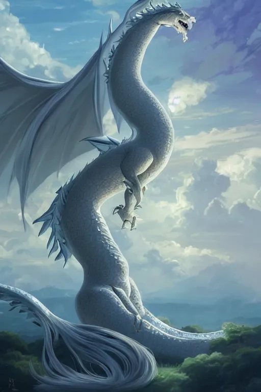Prompt: beautiful scene render that a princess rely on a huge silver white dragon back, finely detailed angelic face delicate features, facial symmetry, in the fairyland surrounded by white clouds, perfectly shaded, atmospheric lighting, style of makoto shinkai and peter mohrbacher, studio ghibli. artgerm, beeple, animation style, 4 k hd, hyper detailed