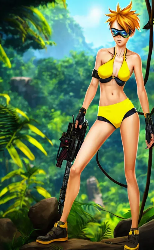 Image similar to tracer game character, in yellow bikini, blonde hair, black eyes, hands free, against the background of the jungle full height