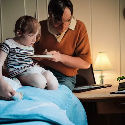 Prompt: A software developer with receding hairline uses laptop while laying on his bed in his childhood bedroom style from the 1970s. His mum is handing him a bacom sandwich.