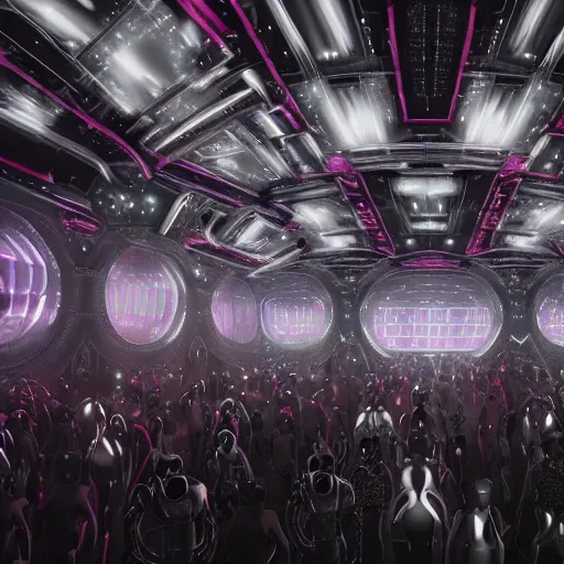 Prompt: ultra realist soft painting render of the inside of a futuristic nightclub, beautiful cyberwear armored cyborg dancers, crowded silhouettes, symmetry accurate features, very intricate details, black white red purple color palette, masterpiece award winning, cinematic lighting, focus, tom bagshaw artstyle