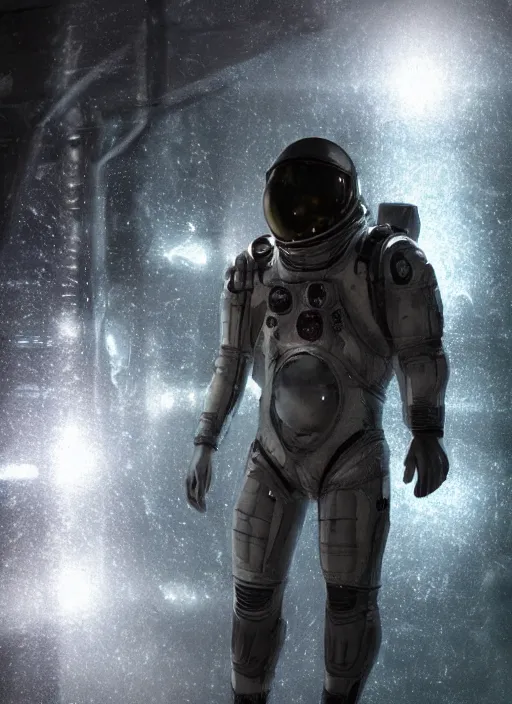 Prompt: concept art by craig mullins infrared complex and hyperdetailed technical astronaut suit in futuristic dark and empty spaceship underwater. reflection and dispersion materials. rays and dispersion of light. volumetric light. 5 0 mm, f / 3 2. noise film photo. flash photography. unreal engine 4, octane render. interstellar movie art