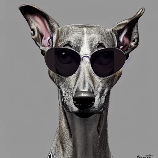 Prompt: A masterpiece portrait of a brindle greyhound. Greyhound is wearing aviation sunglasses. Very detailed. intricate, elegant, highly detailed. trending on artstation, digital art, by Stanley Artgerm Lau, WLOP, Rossdraws, James Jean, Andrei Riabovitchev, Marc Simonetti, Yoshitaka Amano