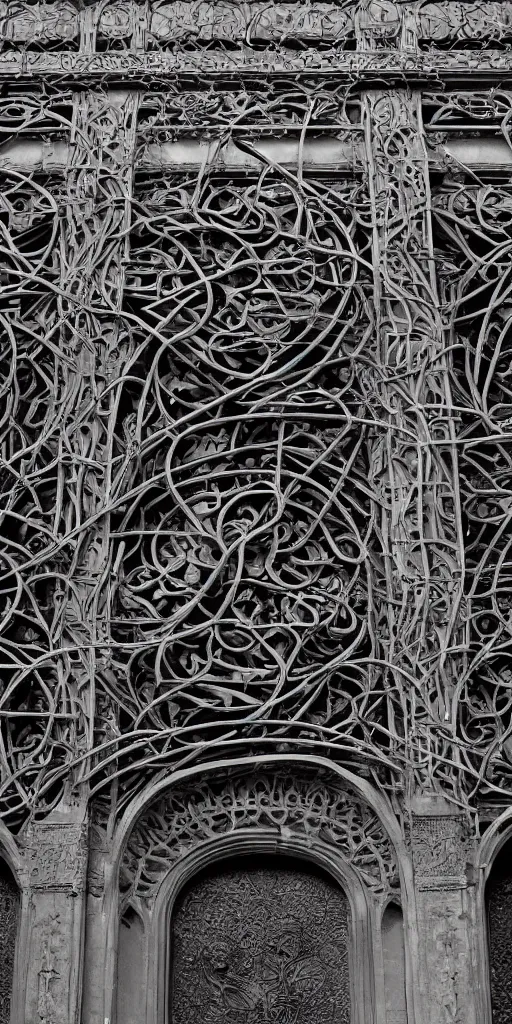 Image similar to a professional photograph of a beautiful modern building by Louis Sullivan and H.R. Giger covered in black ironwork vines, rusticated stone base, rusticated stone base, rusticated stone base, rusticated stone base, a dramatic sky, crowds of people, Sigma 75mm, ornate, very detailed, hyperrealistic, liminalspaces, Symmetrical composition, centered, intricate, panoramic, Dynamic Range, HDR, chromatic aberration, Orton effect, 8k render, photo by Marc Adamus, painting by Jeremy Mann, cinematic, cgsociety, vignette, vignette , artstation