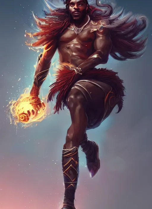 Prompt: a highly detailed illustration of attractive young african fire god with tall hair, heroic kicking pose, intricate, elegant, highly detailed, centered, digital painting, artstation, concept art, smooth, sharp focus, league of legends concept art, wlop