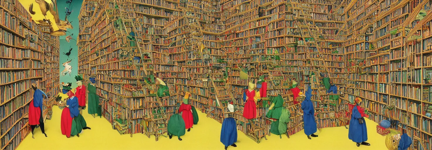 Image similar to a book store, customers are rabbit, by m. c. escher, yellow, green, red, snowy, ultra sharp, ultra detailed, happy, uplifting, colorized by salvador dali