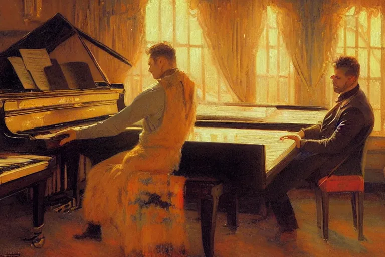Prompt: winter, attractive male playing piano, neon light, painting by gaston bussiere, craig mullins, j. c. leyendecker
