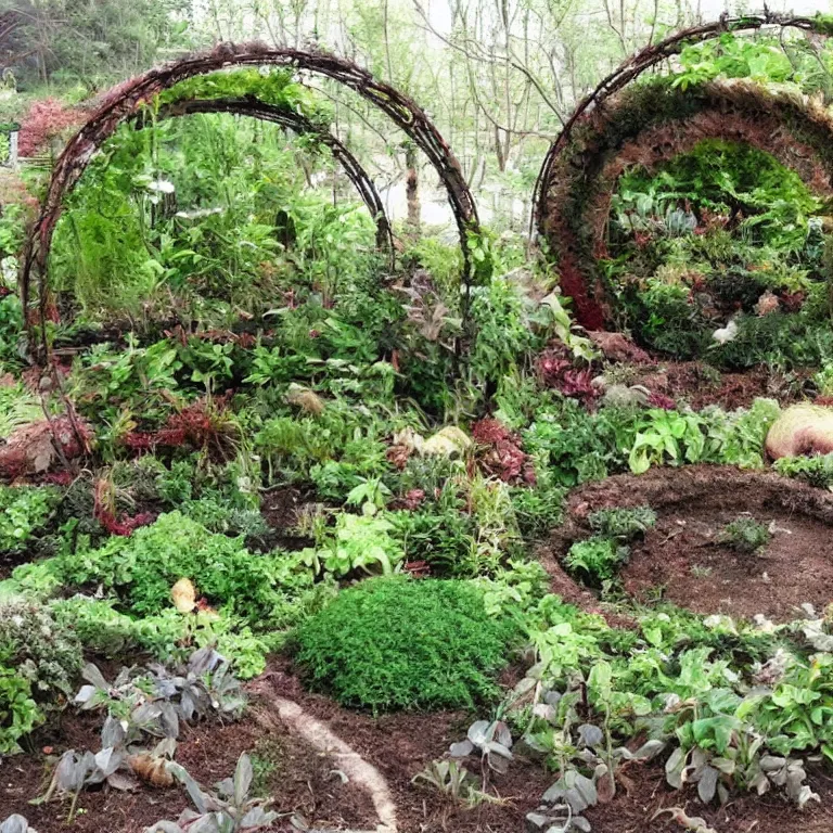 Image similar to a circle portal structure built out of plants and mushrooms