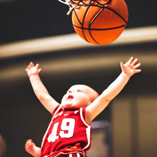 Image similar to a baby dunking a basketball, close up, dramatic action photography