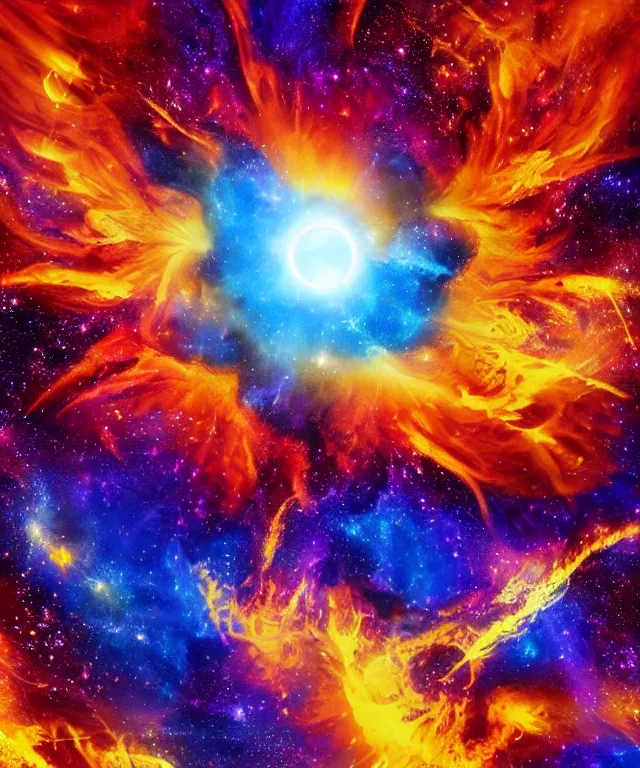 Image similar to blackhole, sun, space, bright colors, painting, perfect composition, phoenix flames, nebula clouds, soft tones