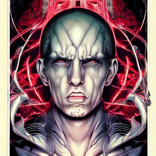 Image similar to portrait of eminem, vampire, symmetrical, by yoichi hatakenaka, masamune shirow, josan gonzales and dan mumford, ayami kojima, takato yamamoto, barclay shaw, karol bak, yukito kishiro