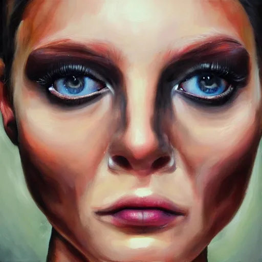 Image similar to hyperrealism oil painting, fashion model portrait, rose eye sockets