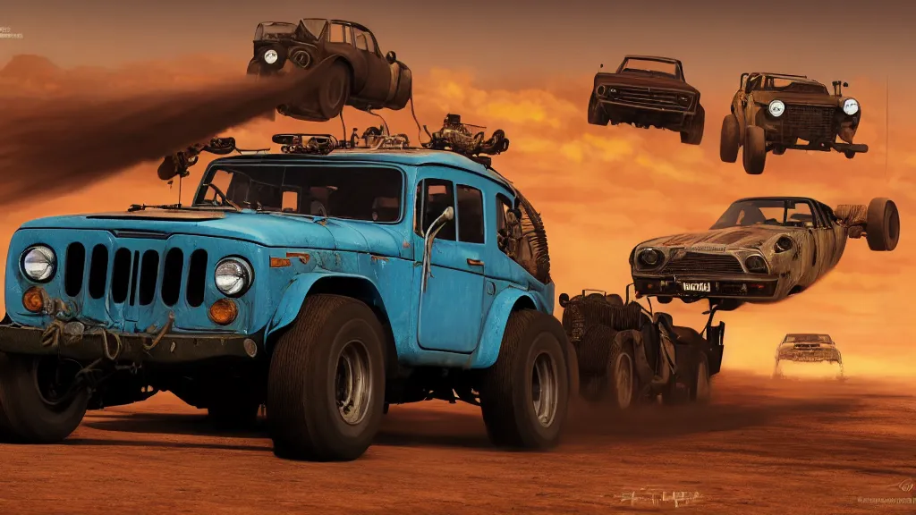 Image similar to illustration of mad max's fj 4 0 pursuit special, the last v 8 interceptor driving down to the gates of valhalla highway, fury road, eternal shiny and chrome, world of fire and blood, by makoto shinkai, ilya kuvshinov, lois van baarle, rossdraws, basquiat, studio ghibli, global illumination ray tracing hdr