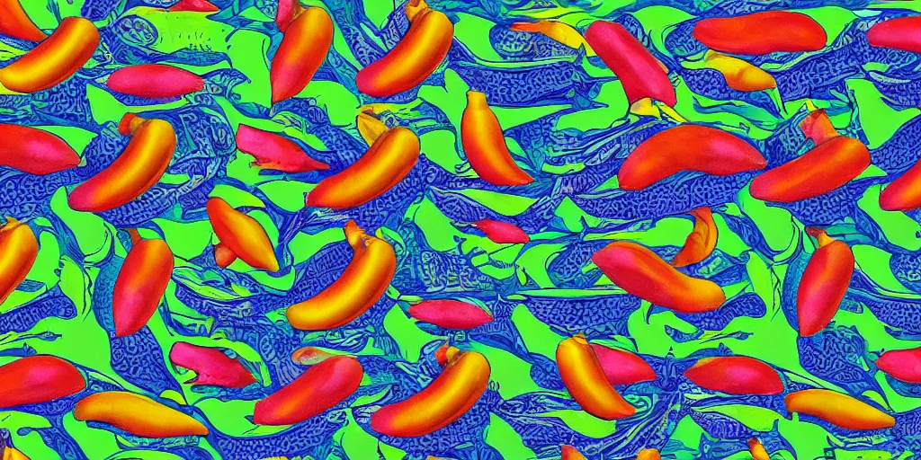 Image similar to a stereogram of different bananas with a hidden dolphin. psychodelic.