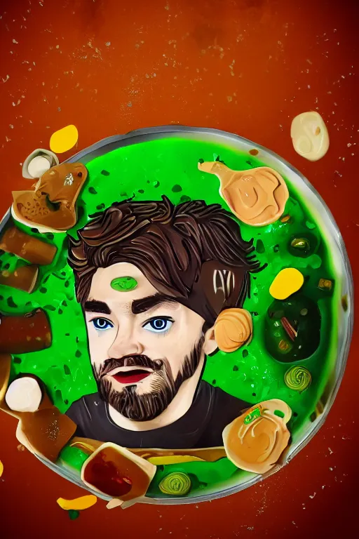 Image similar to 📷 jacksepticeye swimming in soup, made of food, head portrait, dynamic lighting, 4 k