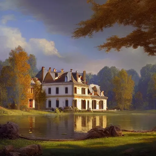 Prompt: a large serene beautiful matte painting of a quaint french country mansion, by asher brown durand and greg rutkowski, featured on artstation, blue and orange color scheme