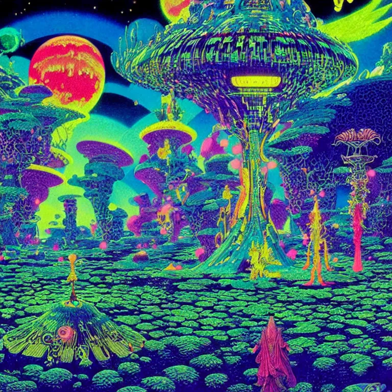 Image similar to mysterious ufo hovering over magical crystal temple, bright neon colors, highly detailed, cinematic, hiroo isono, tim white, philippe druillet, roger dean, lisa frank, aubrey beardsley, ernst haeckel