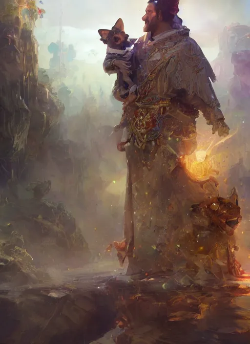 Prompt: beautiful fantasy painting of corgi god blessing human, by Ruan Jia, Pascal Blanche, Jake Parker. Trending on Artstation, 8k, masterpiece, graffiti paint, fine detail, full of color, intricate detail
