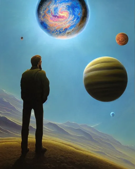 Image similar to a painting of a man standing in front of a planet, a detailed matte painting by david a. hardy and by david a hardy and by clyde caldwell, featured on deviantart, space art, sci - fi, dystopian art, matte painting