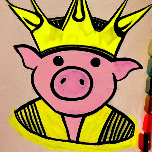 Image similar to a drawing of pig wearing a gold crown in the style of jack kirby