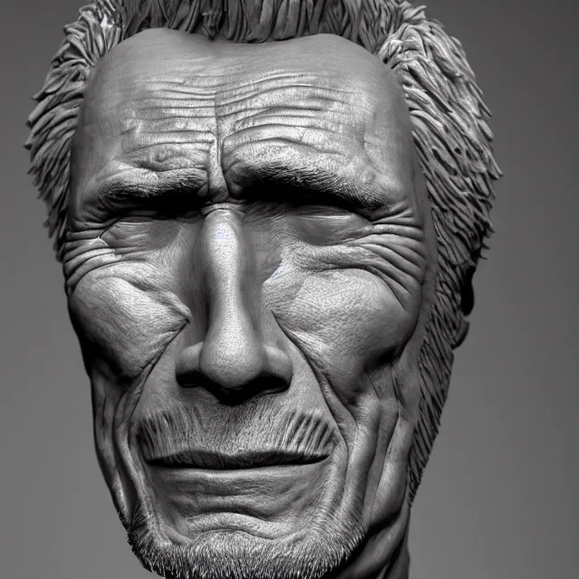 Prompt: photography of a sculpture of Clint Eastwood wrinkled face made of clay by Sebastian Kruger and Michelangelo, 50mm, studio atmosphere, 8K, rim light, octane render, ultra-realistic