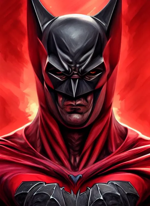 Image similar to portrait of aggressive demonic damned batman, d & d, muscular! athetic slim bodybuilder, red and black, futuristic, fantasy, intricate, elegant, highly detailed, digital painting, artstation, concept art, smooth, sharp focus, illustration, art by artgerm and greg rutkowski and alphonse mucha