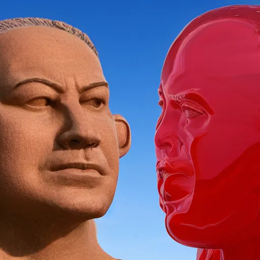 Prompt: a giant human head sculpture looking like banjamin netanyahu in the sea made out of juicy and transparent red jelly, long shot, hyper detailed, hyper realistic, ray tracing, 8 k resolution, sharp focus, realistic water, award winning